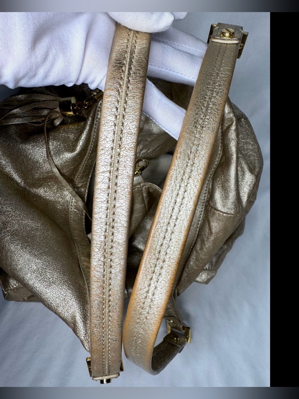 Tory Burch Metallic Gold Leather Shoulder Dean Hobo with Tassel - Picture 6 of 12